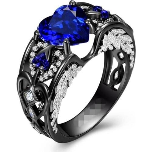 Heart Shaped Lab-created Blue Sapphire Black Gold 925 Silver Women Angel Wing Ri Women Engagement Wedding Ring Drop shipping