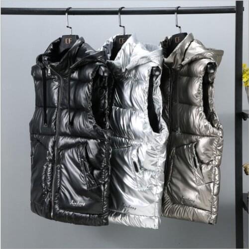 ManVest Winter Hooded Glossy Cotton Vest Casual Waistcoat Mens Sleeveless Jacket Warm Overcoats Hat winter jacket