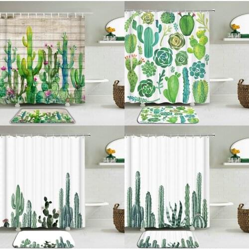 2PC Set Cactus Flower Shower Curtains Set Bathroom Waterproof Polyester With Rectangle Non-slip Floor Mat Bath Curtain Set