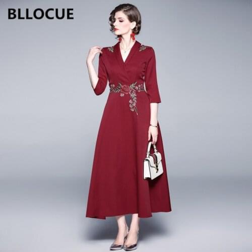 BLLOCUE High Quality 2019 Autumn Winter Women Flower Embroidery Long Dress Female V-neck Slim Vintage Wine Red Maxi Dress