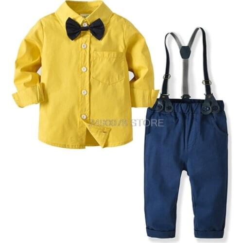 Childrens Formal Long Sleeve Shirt+suspenders pants+Bow Tie Clothing set Boys 1 year birthday party Dress Suit set Kids custome
