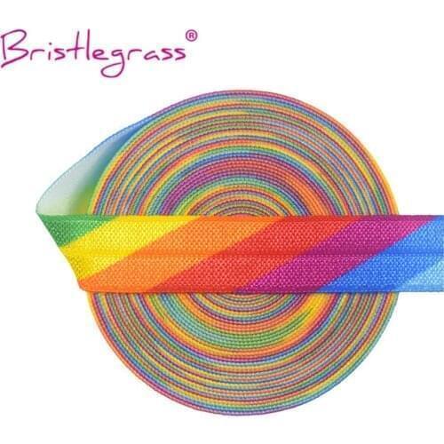 BRISTLEGRASS Wholesale 50 Yard 5/8" 15mm Rainbow Print FOE Fold Over Elastics Spandex Satin Band Hair Tie Tutu Dress Sewing Trim
