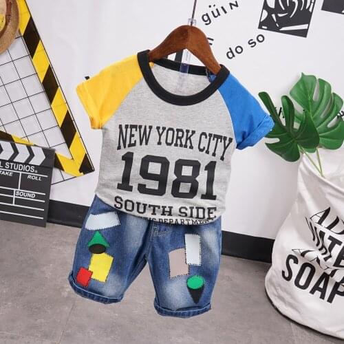 Toddler Boys Clothing Sets Casual Letter Printed Short-sleeved T-shirt Denim Shorts 2pcs Kids Clothes 2 3 4 5 6 Years Boy Suits