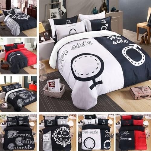 Her Side and His Side Bed Linens Set 4pcs King Size Fashion Bed Set Comforter Duvet Cover Set Bedding Set for Wedding Gift