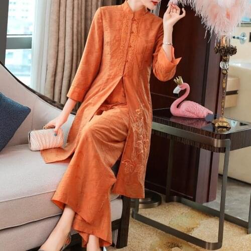 Chinese Style Clothes Suit Vintage Embroidery Improved Cheongsam Loose Long Shirt Top + Wide Leg Pants Women 2 Two Piece Set