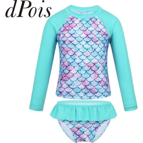 Summer Girls Tankini Swimsuit Long Sleeves Fish Scales Printed Rashguard Swimwear Swimming Suit Kids Swim Tops with Bottoms Set