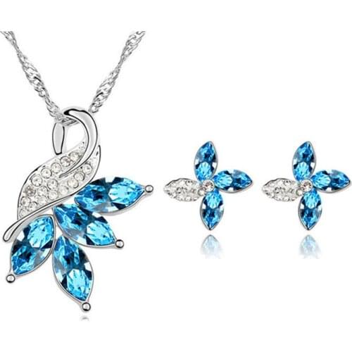 Cute Female Blue Red Crystal Jewelry Set Silver Color Flower Stud Earrings For Women Dainty Geometric Wedding Chain Necklace