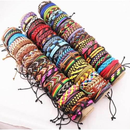 Fashion 50pcs/Lot Mens Womens Mix Style Multi-color Braided Leather Bangle Bracelets Adjustable Jewelry
