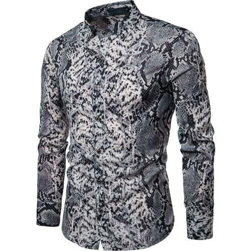 Mens Chic Party Leisure Shirts Snakeskin Slim Fit Long Sleeve Casual Bar Tops