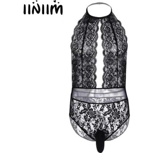 Mens Lingerie Bodysuit Lace See-through Crossdress Sexy Underwear Backless Cut Out Sissy Gay Male Pouch Jockstraps Nightwear