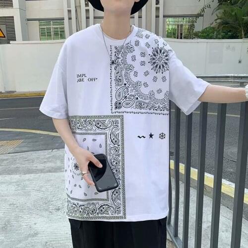 2021 new dislocation totem leisure HIPHOP short sleeve T shirt cashew flower print short sleeve male trend five-point sleeve