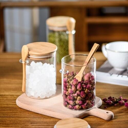 Glasses Storage Jars With Wood Spoon Tea Snacks Candy Sugar Organizer Box Kitchen Cereal Spices Container Under Sink Storage Can
