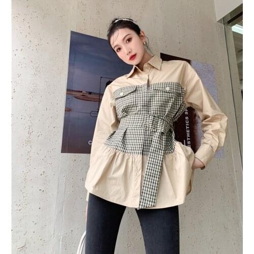 Autumn Plaid Casual Shirt Long Sleeve Button Up Shirt Women Patchwork Vintage Top And Blouse 2021 Fashion