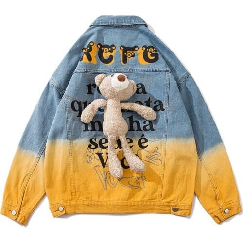 ERENEJIAN Couples Printed Jeans Jacket With Bear Decoration Fashion Oversized Hip Hop Denim Trucker Coat Outerwear For Couples