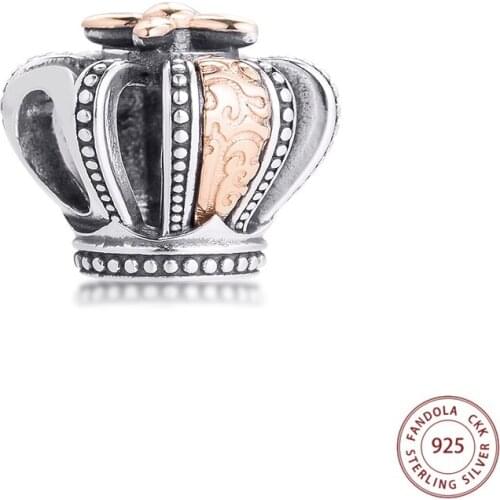 Two-tone Regal Crown Charms 925 Sterling Silver 14K Gold Beads Women DIY Jewelry Making Fits Pandora Bracelet 2021 Spring New