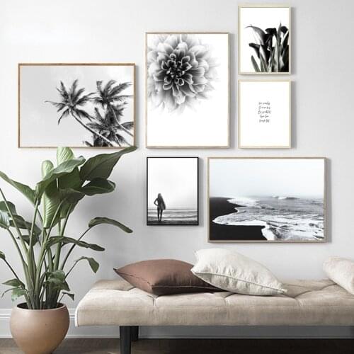 Nordic Palm Tree Dahlia Canvas Art Poster Scandinavian Ocean Landscape Black White Print Painting Picture Modern Home Decor