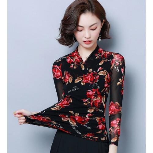 Korean Elegant Mesh Bottoming Shirt Womens 2021 Spring New Long Sleeve Rose Printed V-neck Blouse Female Base Top