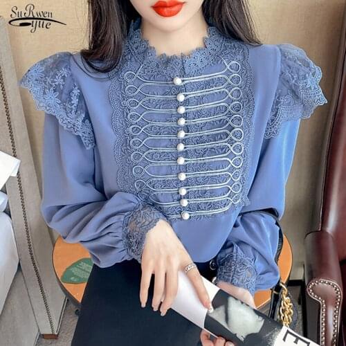 Vintage Palace Style Lace Stitching Blouse Women Stand Collar Ruffles Tops Autumn Beading Long Sleeve Loose Chiffon Shirt 16087