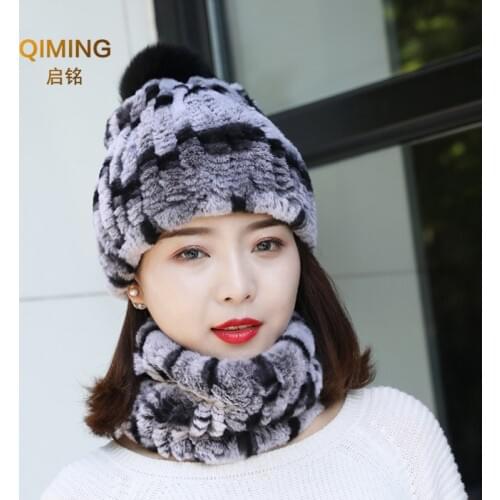 Women Knitted 100% Real Rex Rabbit Fur Pompom Hat Hooded Scarf Winter Hats for Woman Cap Warm Natural Fur Hat With Neck Scarves