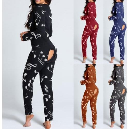 2021 Women Onesies Fashion Musical Note Printing Functional Button Flap Jumpsuit Autumn Winter Sexy Pajama кигуруми для взрослых