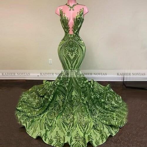 KADIER NOVIAS Women Long Mermaid Green Prom Dresses 2021 Sheer Neck Sequin Lace Sweep Train Evening Gown Vestido De Fiesta