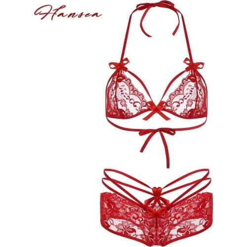 Sexy Lace Bra & Brief Sets for Women French Style String Halter Bow-knot Triangle Plunge Bra Female Underwear Sexy Lingerie Set