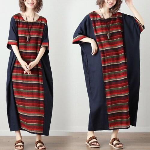 GEMUTLICH Big Big Size Summer Women Loose Dress Striped Patchwork Full Length Vintage Short Sleeves 75-150KG