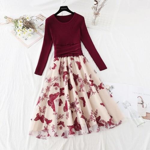 Fashion Butterfly Flower Embroidery Mesh Patchwork Pullover Knitted Dress 2021 Spring Long Sleeve O-Neck Office Midi Dresses