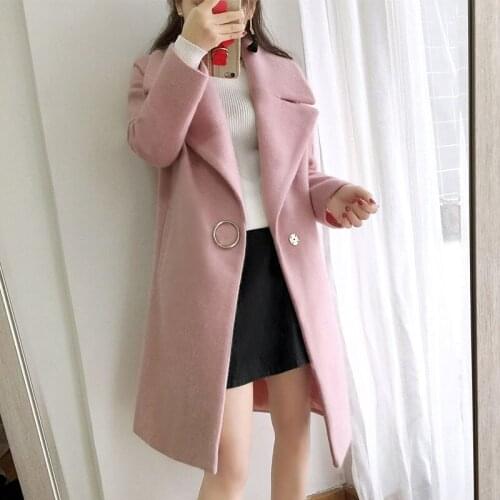 Winter Women Warm Coat Lady Turn-Down Collar Long Coat Female Casual pink White Plus Size Outwear Blend Jacket Loose Tops