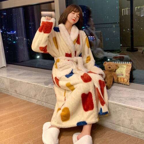 Winter Coral Fleece Robe Womens Autumn and Winter Velvet To Ankle Nightgown Thickened Facecloth Bathrobe Winter Long Pajamas