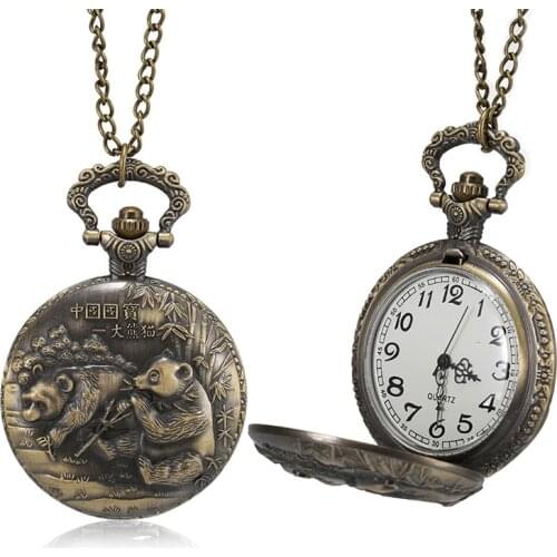 1 Pcs Men Women Bronze Quartz Pocket Watch Panda Carved Case with Chain LL@17