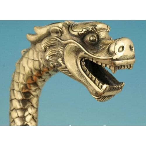 100% BRASS Pure Copper Brass Grandpa Good Lucky Chinese Old Handmade Carved Dragon Statue Cane Walking Stick Head Decorati
