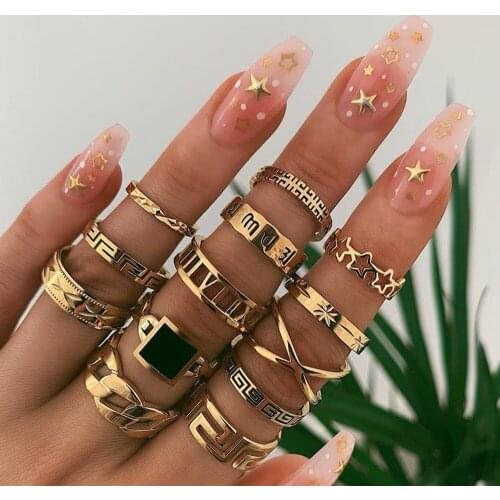 15PCS/Set Vintage Black Stone Rings For Women Girls Fashion Color Punk Ring Statement Female Flower Jewelry Gift 2020