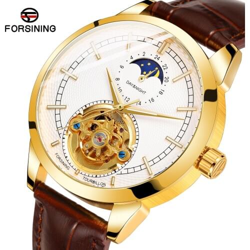 FORSINING Retro Design Moon Phase Tourbillon Skeleton Automatic Mechanical Wristwatch Leather Strap Male Clock Dress Watches