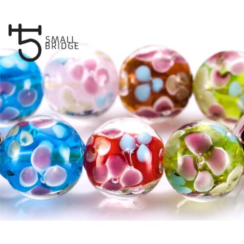 14mm Murano Flower Lampwork Glass Beads for Jewelry Making Women Diy Bracelet Perles Loose Transparent Round Beads L301