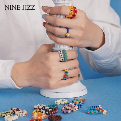 Multi-color Small Flower Ring Korean Version Hand-woven Bead Ring Rice Beads Ring Women Girl Jewelry Small Fresh Style Ring