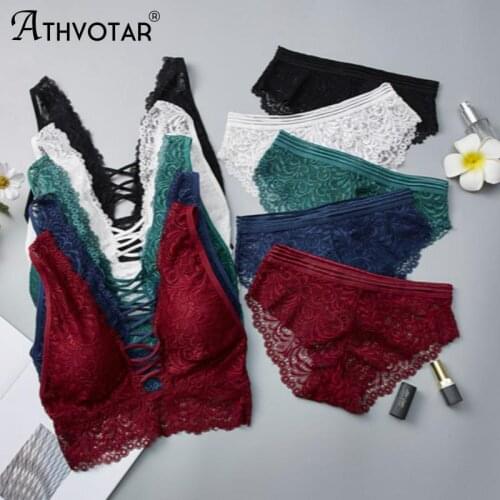 ATHVPTAR New Bra Set/2pcs French Sexy Lace Tube Top Set Wireless Bras V-shape Backless Bralette Underpants Bra Suit
