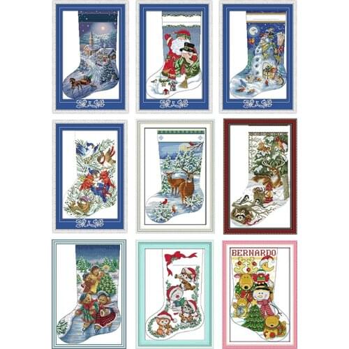 Cross stitch kits Christmas Snowman Tree Hut Carriage Santa Claus Birds Elk Winter Jungle Bears Kitten Christmas Stocking