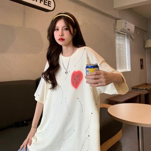 2021 summer new design sense niche T-shirt female Korean version mid-length tops wild loose and sympathetic round neck
