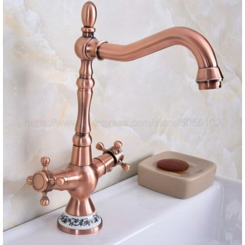 New Antique Red Copper Double handle Restroom bathroom wash basin faucet Hot and cold bath sink tap znf614