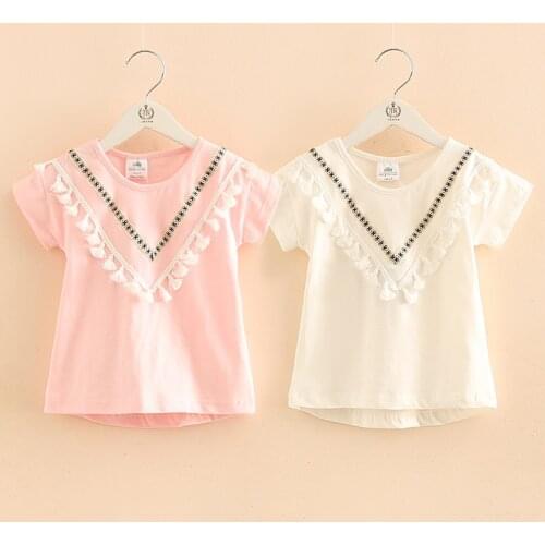 Girls Clothes 2021 Summer 2-10 Years Kids Cotton White Pink Solid Color V Tassels Patchwork Short Sleeve O-Neck T Shirt Girls