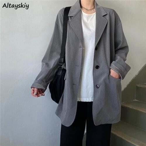 Blazers Women Gray Students Preppy Style Loose Vintage Unisex All-match Lazy Harajuku Fashion Classical Outwear Female Ulzzang