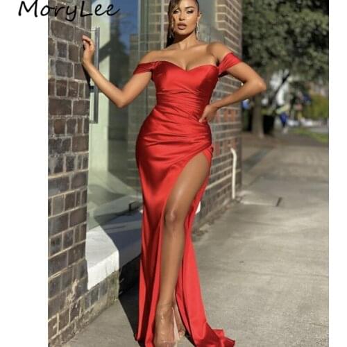 Prom Dresses Red Sweetheart Sweep Train Side Slit Spandex Satin Mermaid Prom Dresses Zipper Back vestidos de fiesta de noche