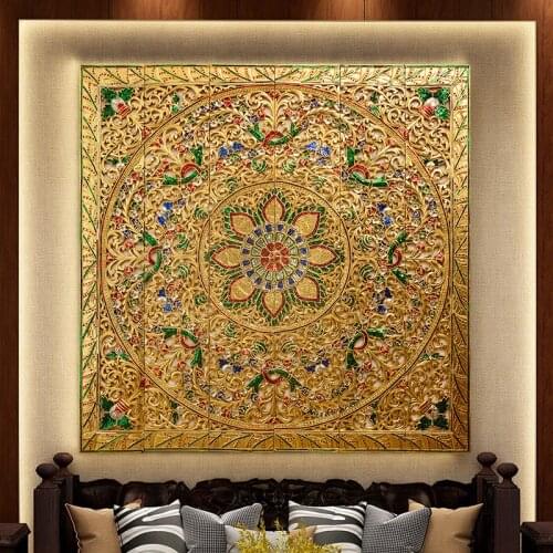 Thailand Teak Carved Board Hallway Gold Foil Wall Hanging Sofa Background Wall Decorations Beauty Salon Aisle Wall Decoration