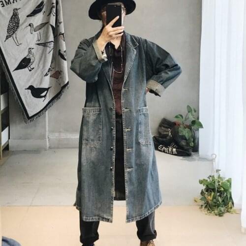 Vintage Women Loose Fit Denim Long Coat Single Breasted Big Pocket Trench Coat Outwear Windbreaker One Size Cowboy Jeans Coats