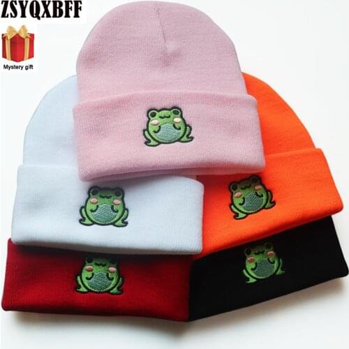 Knitted Cap Winter Warm Beanie froggie Cute Cartoon Animals Men Embroidery Hedging Soft Wool Knit Hat Women Cycling Skiing Cap