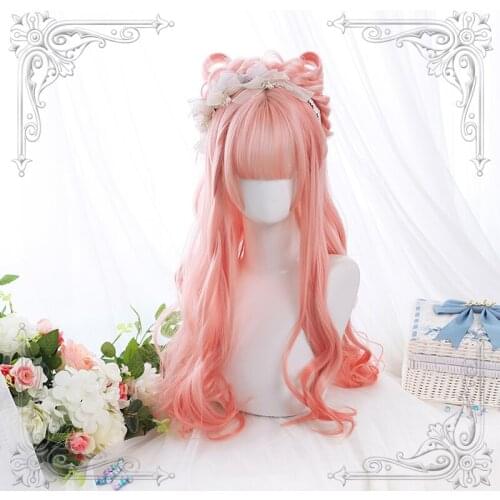 High Quality Lolita Peach Pink Micro-Gradual Change Long Curly Hair Female Wig Cosplay Party