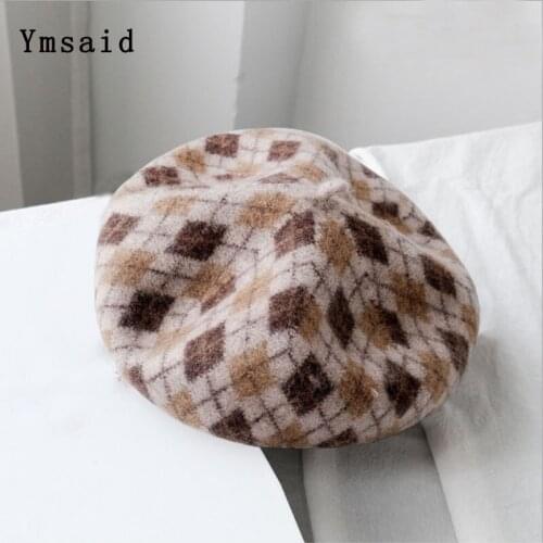 Ymsaid Autumn Wool Plaid Beret Hats Women Winter Ladies 2021 New Fashion Female Warm Octagonal Cap Retro Painter Hat