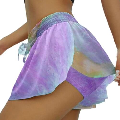 Women Plus Size 2 In 1 Running Yoga Shorts with Liner Gradient Tie-Dye Flowy Ruffles Drawstring Mid Rise Sports Gym Loos