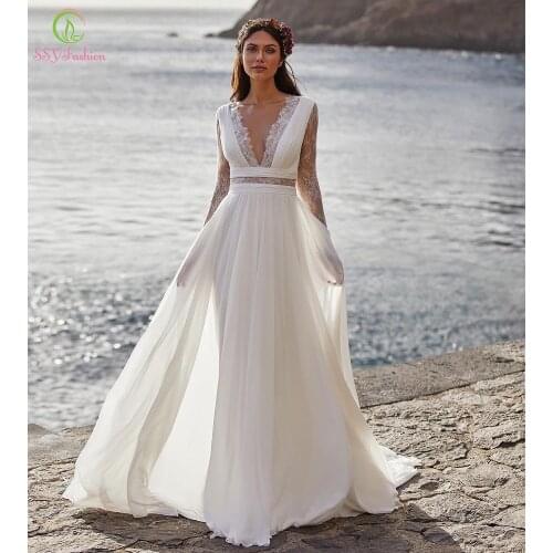 SSYFashion New Lace Long Sleeve Evening Dress Romance White V-neck Backless Transparent Sweep Train Beach Formal Gowns for Women